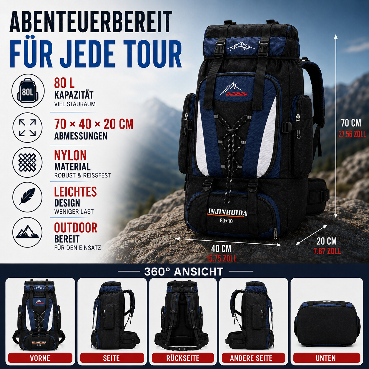 Trekking-Rucksack mit großem Volumen