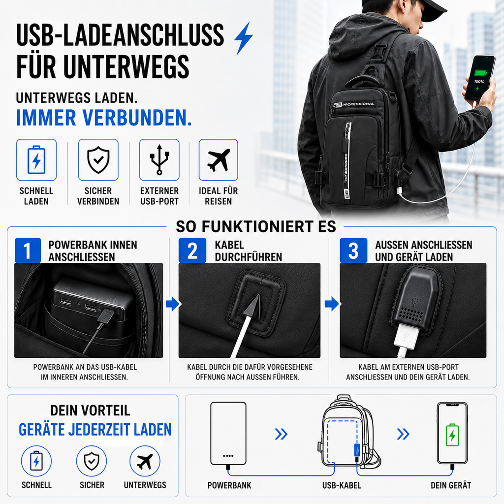 Taschen Schulterrucksack Wasserabweisend mit Anti-Diebstahl & USB – UrbanSecure Bag