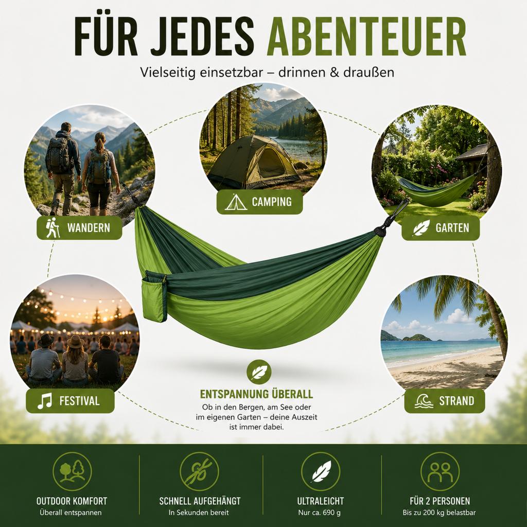 Ultraleichte Hängematte 2 Personen – SkyNest Duo