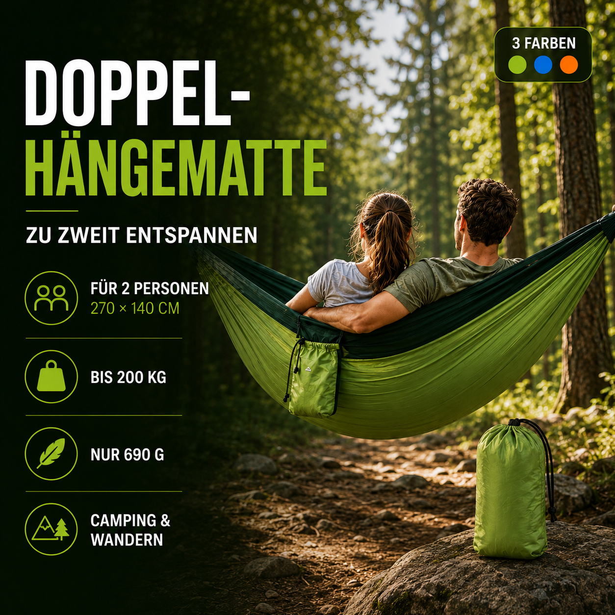 Ultraleichte Hängematte 2 Personen – SkyNest Duo