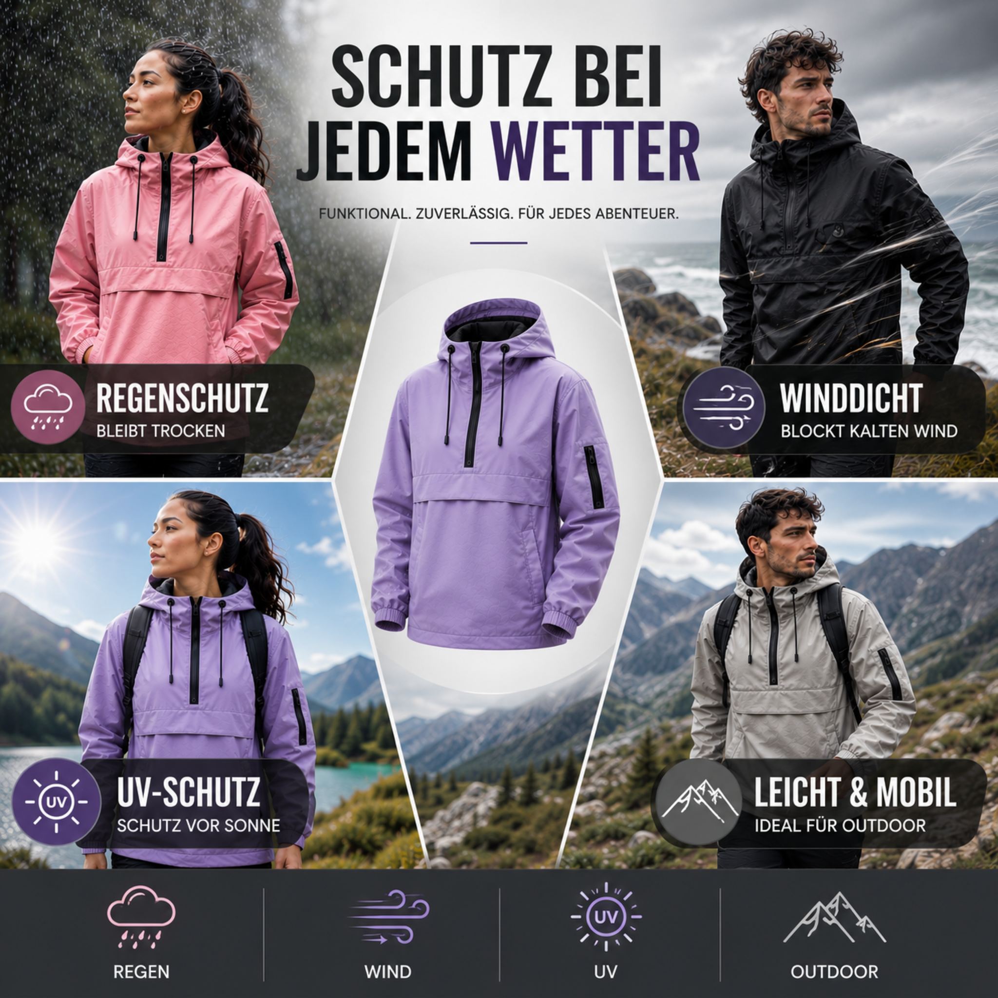 Wasserdichter Allwetter-Mantel mit Kapuze & Fronttasche – StormShield Parka