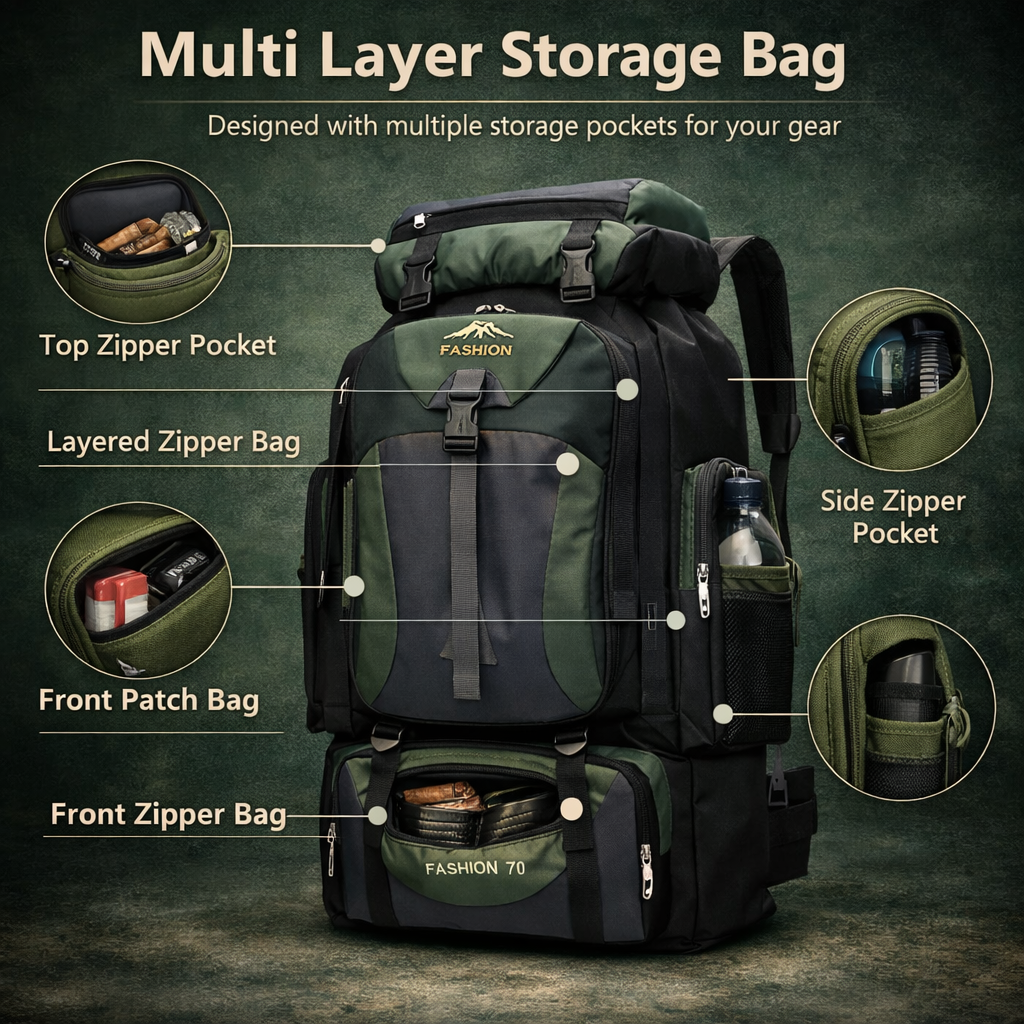 70L Trekkingrucksack mit verstellbaren Trägern für Camping und mehrtägige Wanderungen