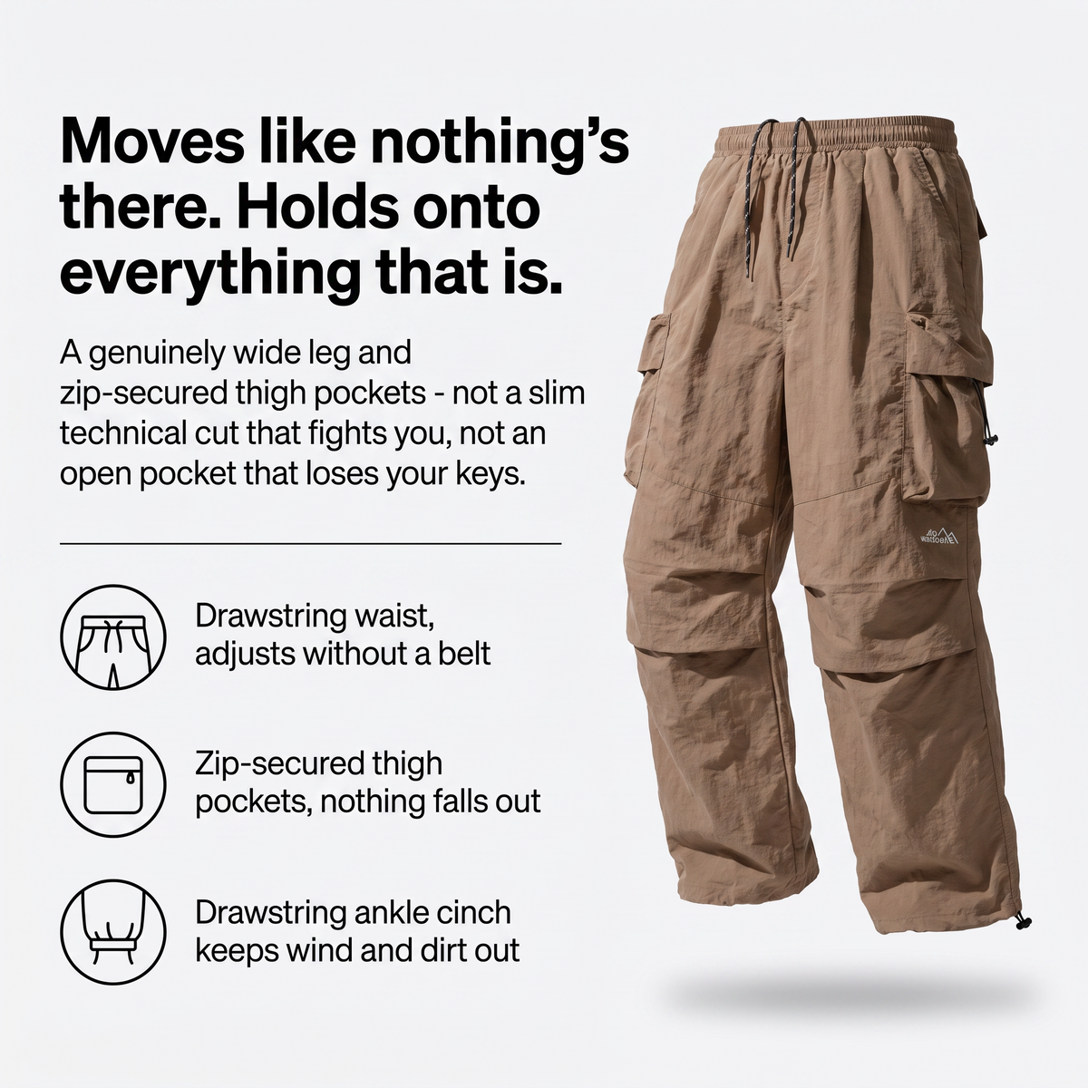 Herren Cargohose Baggy – weit geschnittene Parachute-Hose mit Reißverschlusstaschen