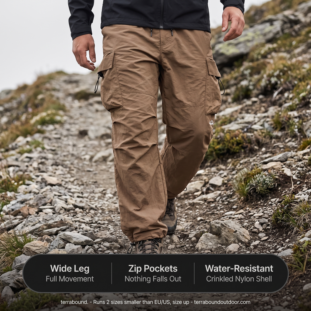 Herren Cargohose Baggy – weit geschnittene Parachute-Hose mit Reißverschlusstaschen