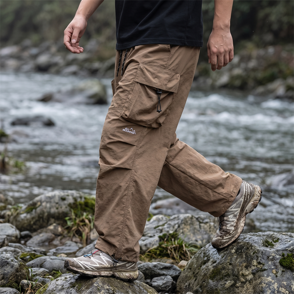 Herren Cargohose Baggy – weit geschnittene Parachute-Hose mit Reißverschlusstaschen
