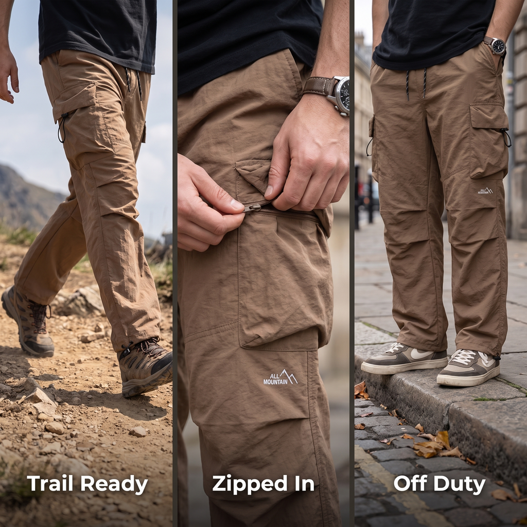 Herren Cargohose Baggy – weit geschnittene Parachute-Hose mit Reißverschlusstaschen