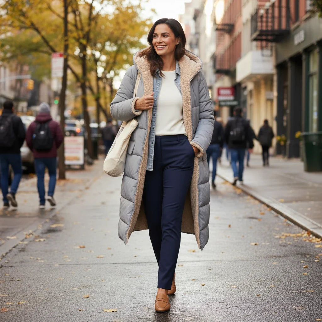 Lange Steppjacke mit Kapuze und Sherpa-Futter für Damen