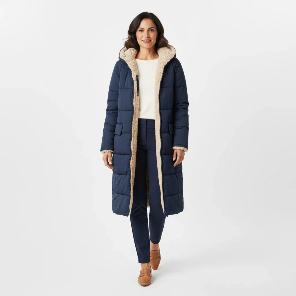 Lange Steppjacke mit Kapuze und Sherpa-Futter für Damen