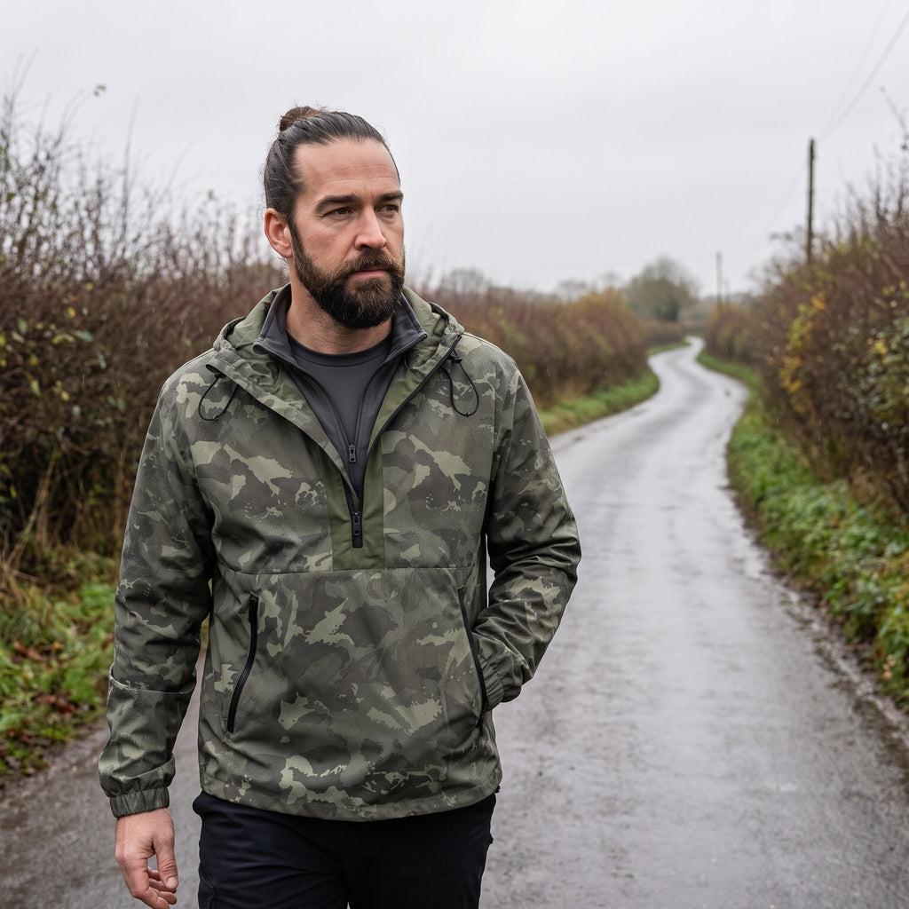 Herren Camo-Windbreaker – leichter Anorak mit Kapuze, Half-Zip