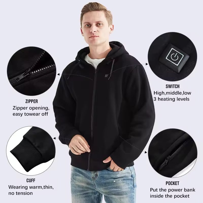 Beheizbarer Hoodie mit USB-Heizzonen und Kordelzug-Kapuze