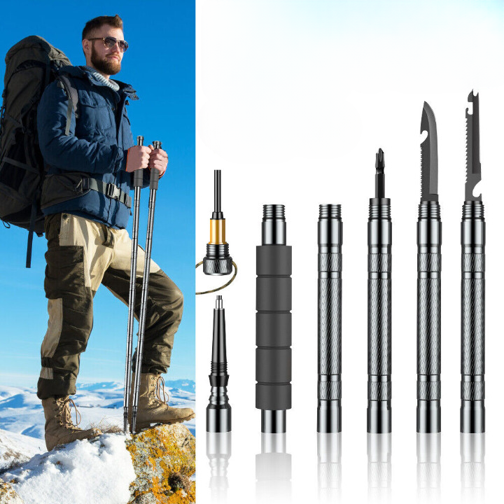 Tactical Trekkingstock – Überlebens-Wanderstock mit Kompass, Messer & Feuerstarter