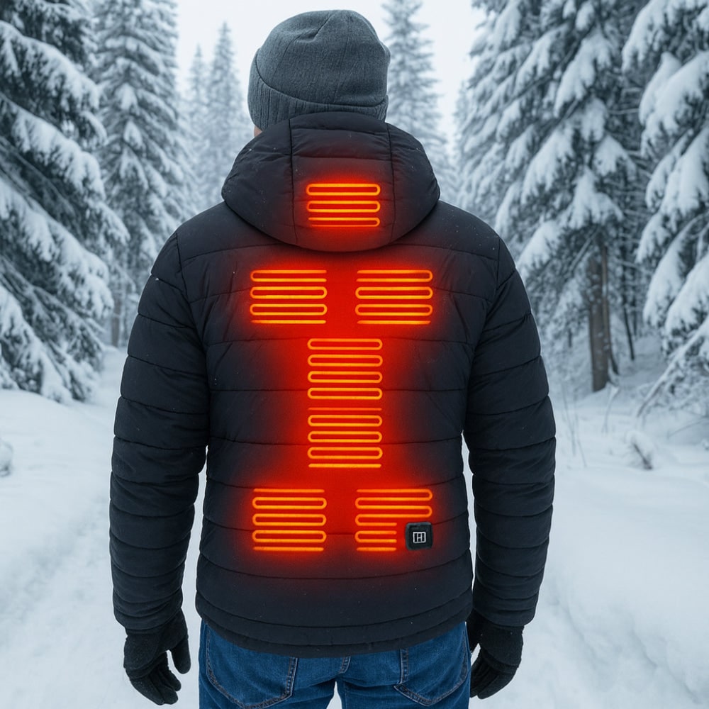 Herren beheizbare Steppjacke mit Temperaturregelung und Kapuze