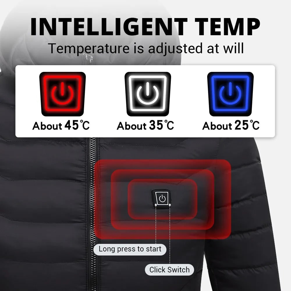 Herren beheizbare Steppjacke mit Temperaturregelung und Kapuze