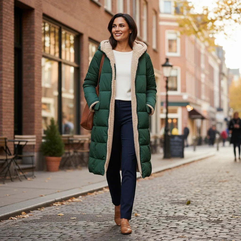 Lange Steppjacke mit Kapuze und Sherpa-Futter für Damen