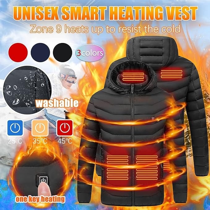 Beheizbare Steppjacke mit 9 Heizzonen und Kapuze