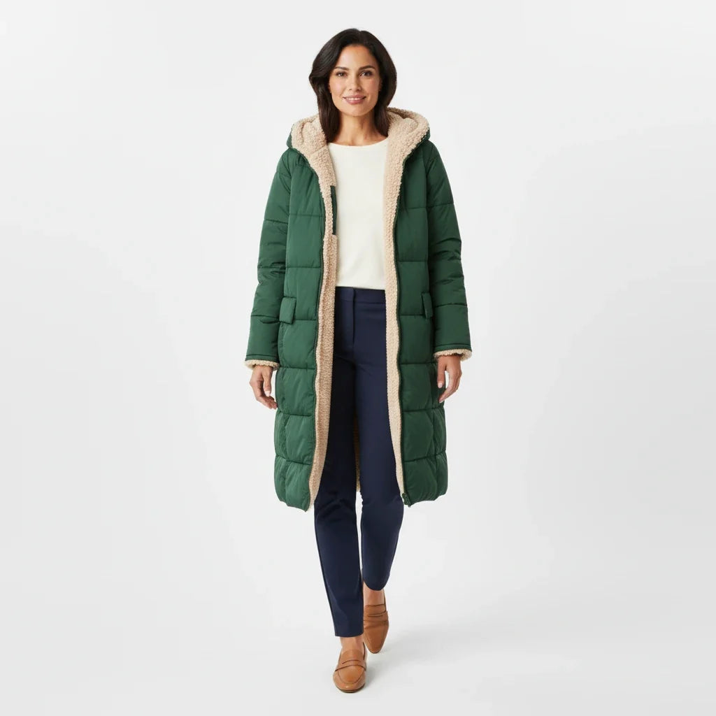 Lange Steppjacke mit Kapuze und Sherpa-Futter für Damen