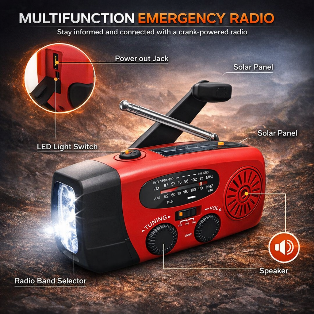 Notfall-Kurbelradio mit Solar- und USB-Aufladung sowie Taschenlampe