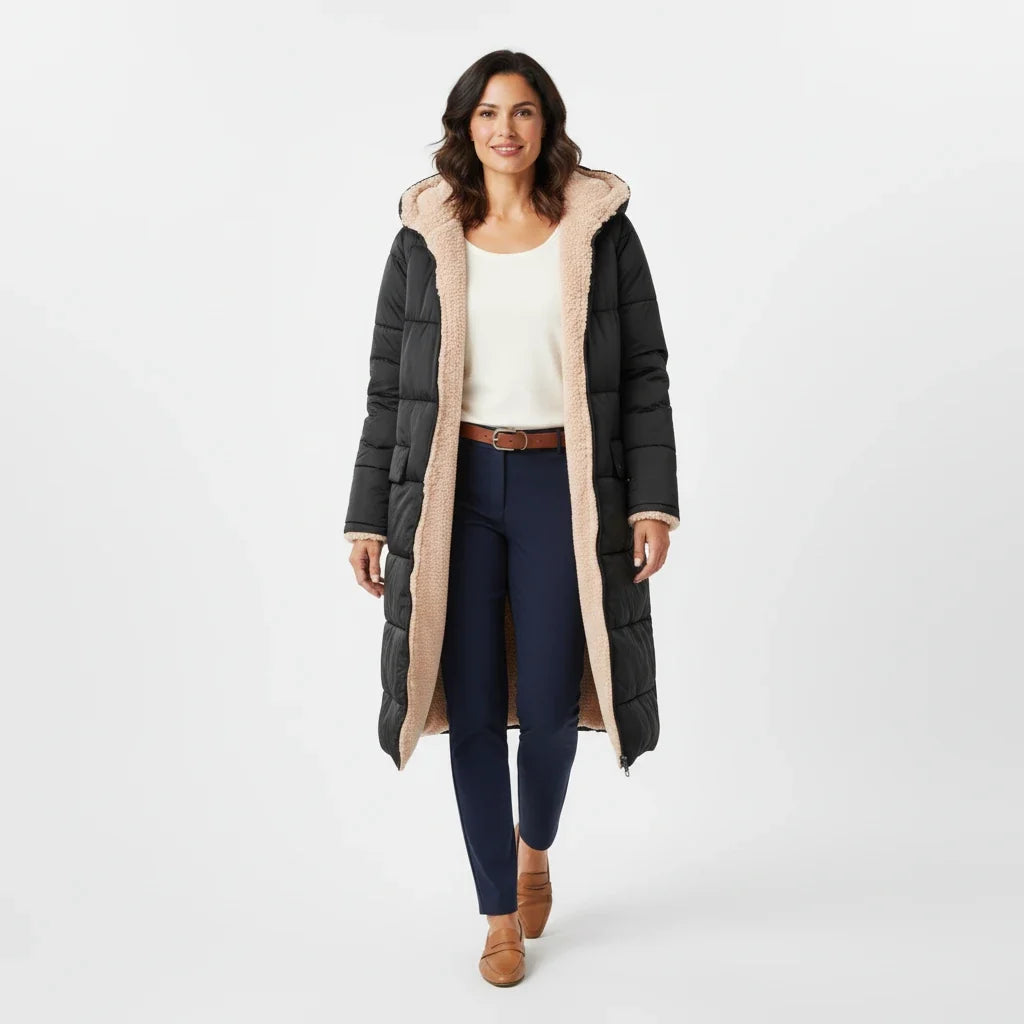 Lange Steppjacke mit Kapuze und Sherpa-Futter für Damen