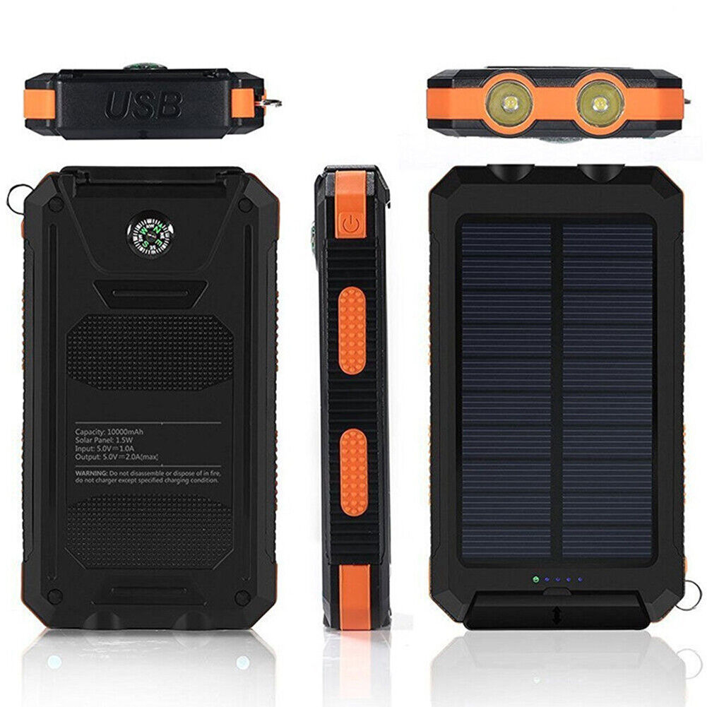 10.000mAh Solar-USB Doppel-Ladegerät – wasserdicht, stoßfest, mit LED-Licht