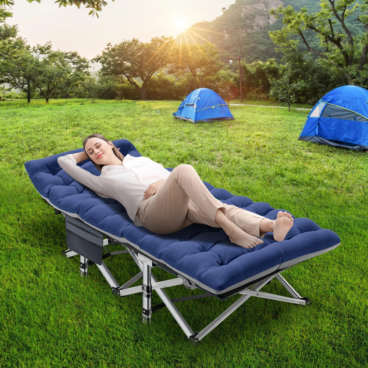 Camping-Liege mit Matratze – tragbares Klappbett für draußen