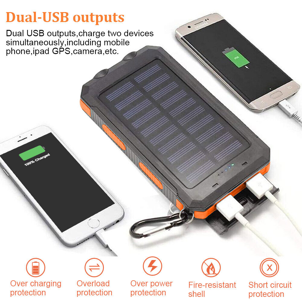 10.000mAh Solar-USB Doppel-Ladegerät – wasserdicht, stoßfest, mit LED-Licht