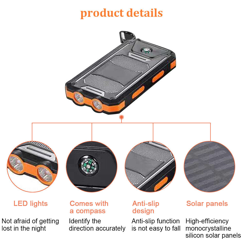 10.000mAh Solar-USB Doppel-Ladegerät – wasserdicht, stoßfest, mit LED-Licht