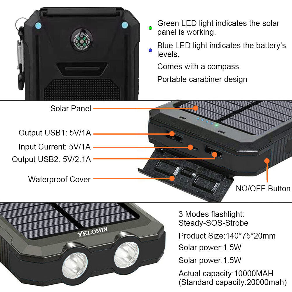 10.000mAh Solar-USB Doppel-Ladegerät – wasserdicht, stoßfest, mit LED-Licht