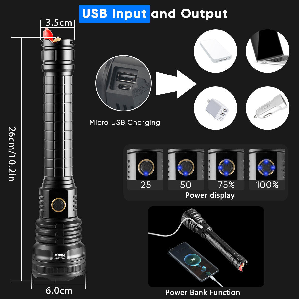 99.000LM Leistungsstarke XHP90 USB-wiederaufladbare LED-Taschenlampe