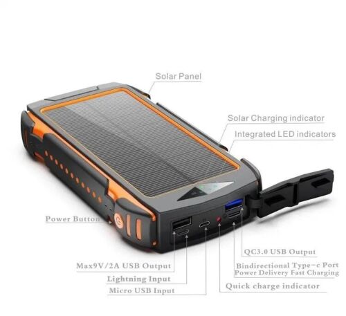 Solar-Powerbank 20.000mAh – 10W Qi-Wireless-Solar-Ladegerät mit LED-Taschenlampe