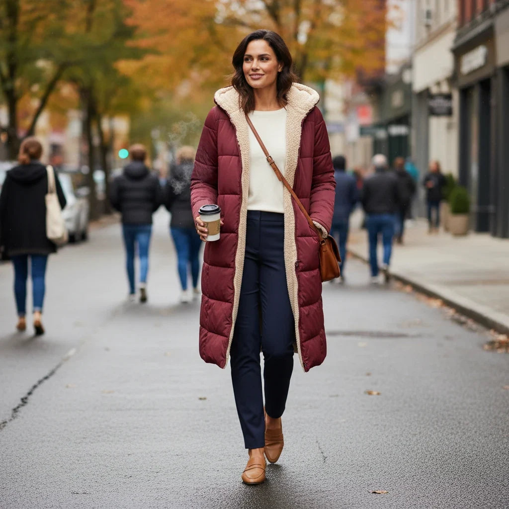 Lange Steppjacke mit Kapuze und Sherpa-Futter für Damen