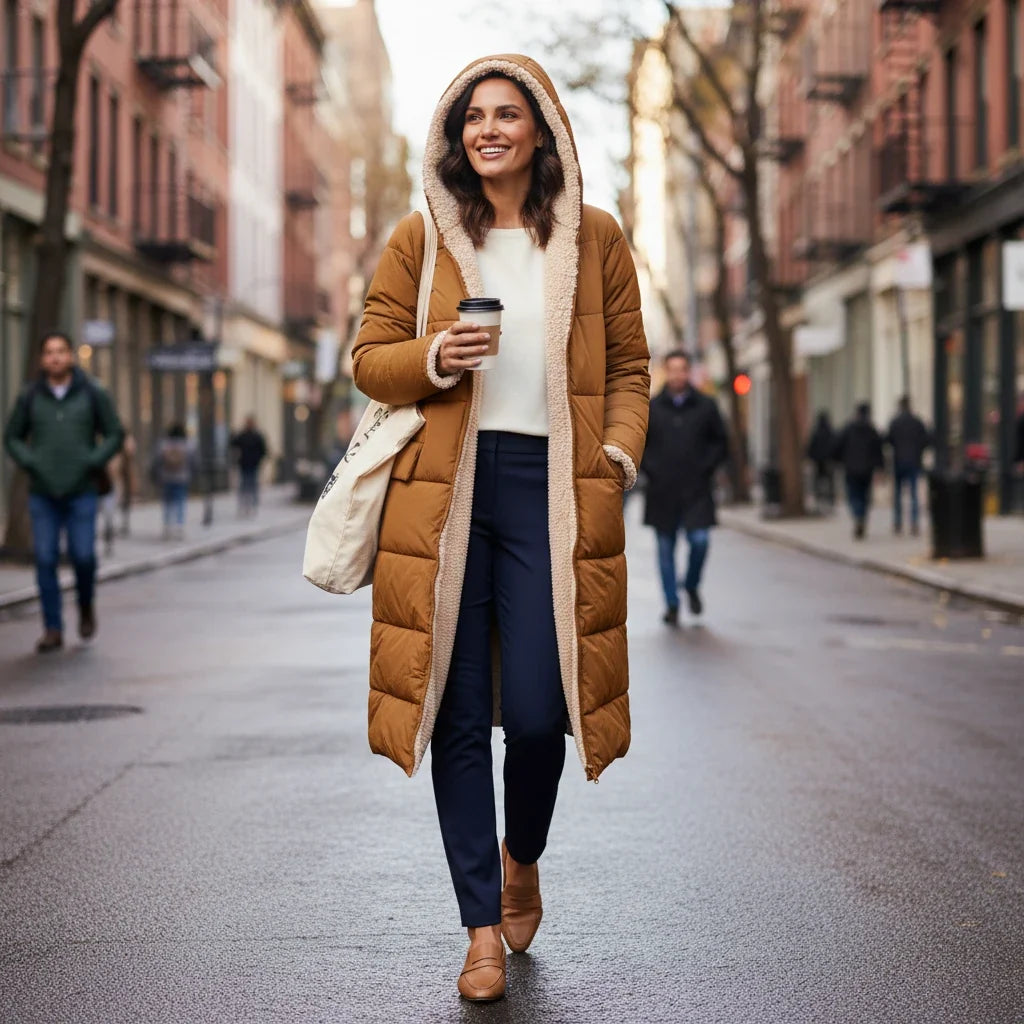 Lange Steppjacke mit Kapuze und Sherpa-Futter für Damen