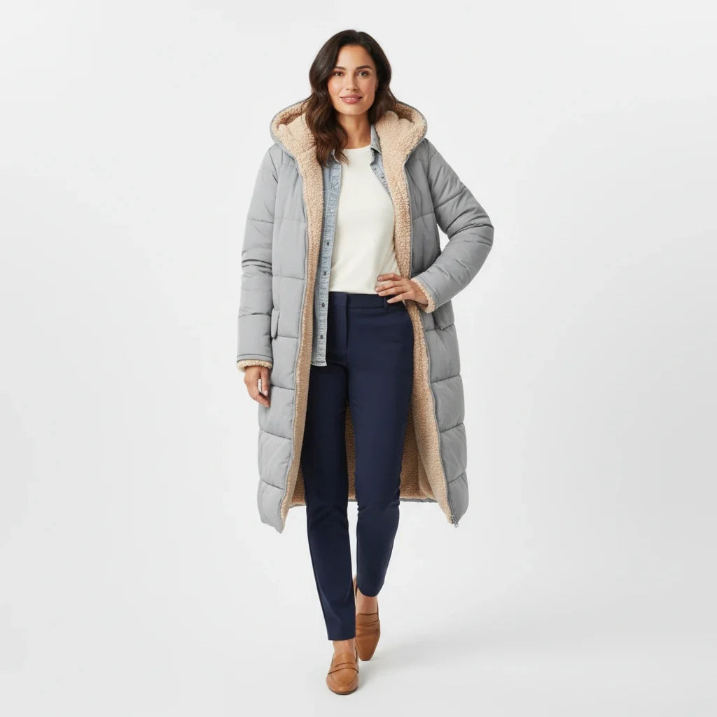 Lange Steppjacke mit Kapuze und Sherpa-Futter für Damen