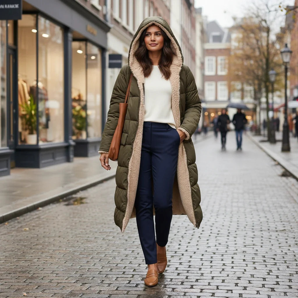 Lange Steppjacke mit Kapuze und Sherpa-Futter für Damen